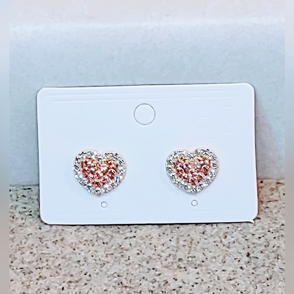 DOUBLE HEART PINK & CLEAR CUBIC ZIRCONIA SURGICAL STEEL STUD EARRINGS - Picture 8 of 9